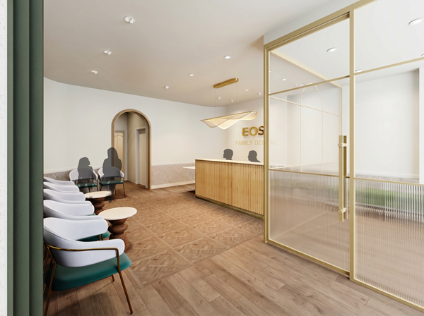Rendering of the future EOS Family Dental reception area.